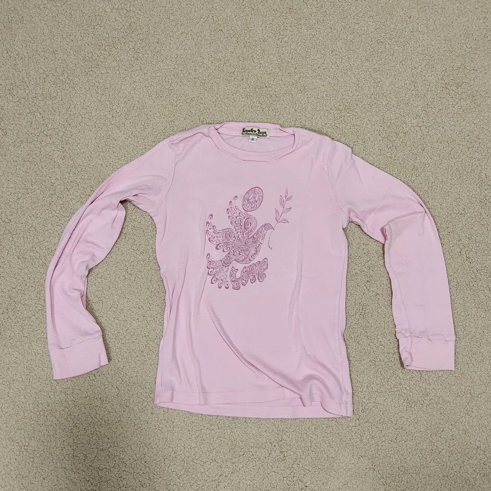 Lucky Tees Long Sleeve Pink Shirt Bird Peace Sign LOVE, Kids Size 6, 100% Cotto
